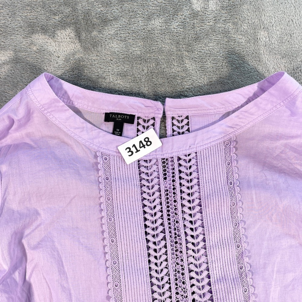 Talbots Plus Blouse Womens‎ 1X Purple Lace Pintuck Cotton Top IN5386